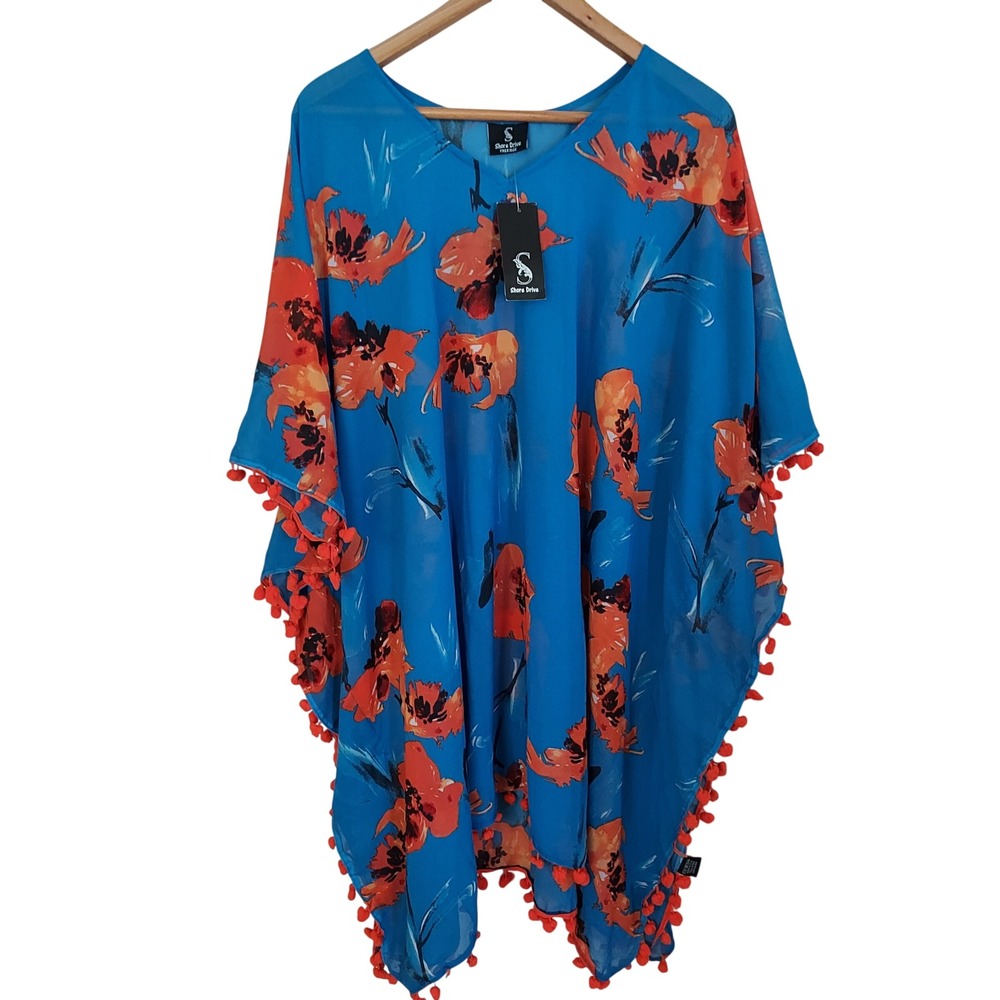 Mrs Roper Bar Crawl Sheer NWT Beach Cover Up Retro Floral Pom Pom Kaftan O/S